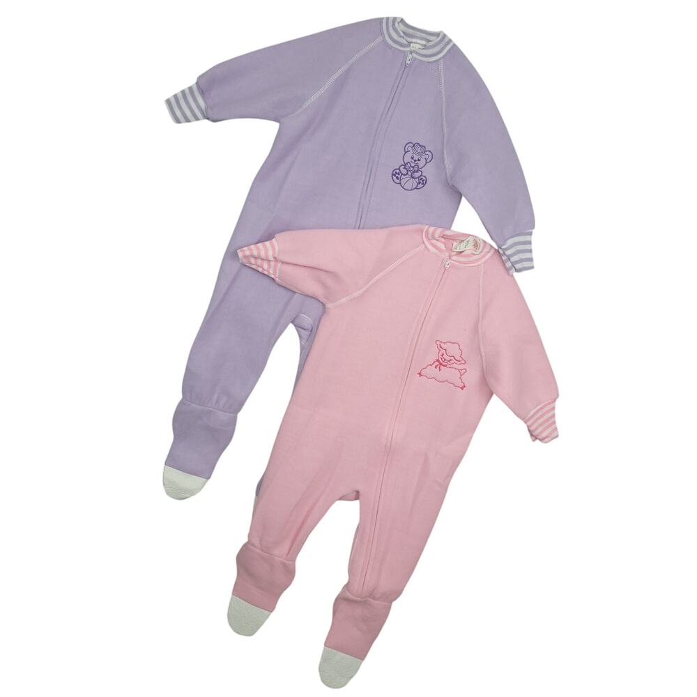 Vintage Teddy Bears Baby One Piece PJs Sz 2 & 3 Flame Resistant 2pcs Lot USA